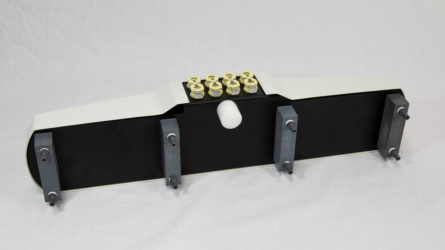 A white and black plastic device with eight colored ports connected to it, positioned on a neutral background.