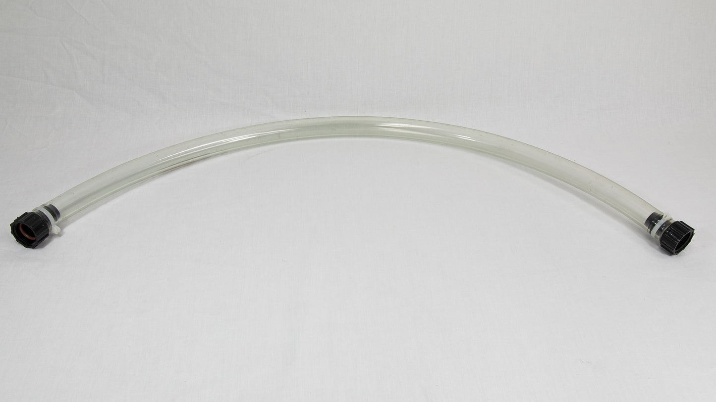 A piece of clear tubing with contrasting black fittings, isolated on a white background.