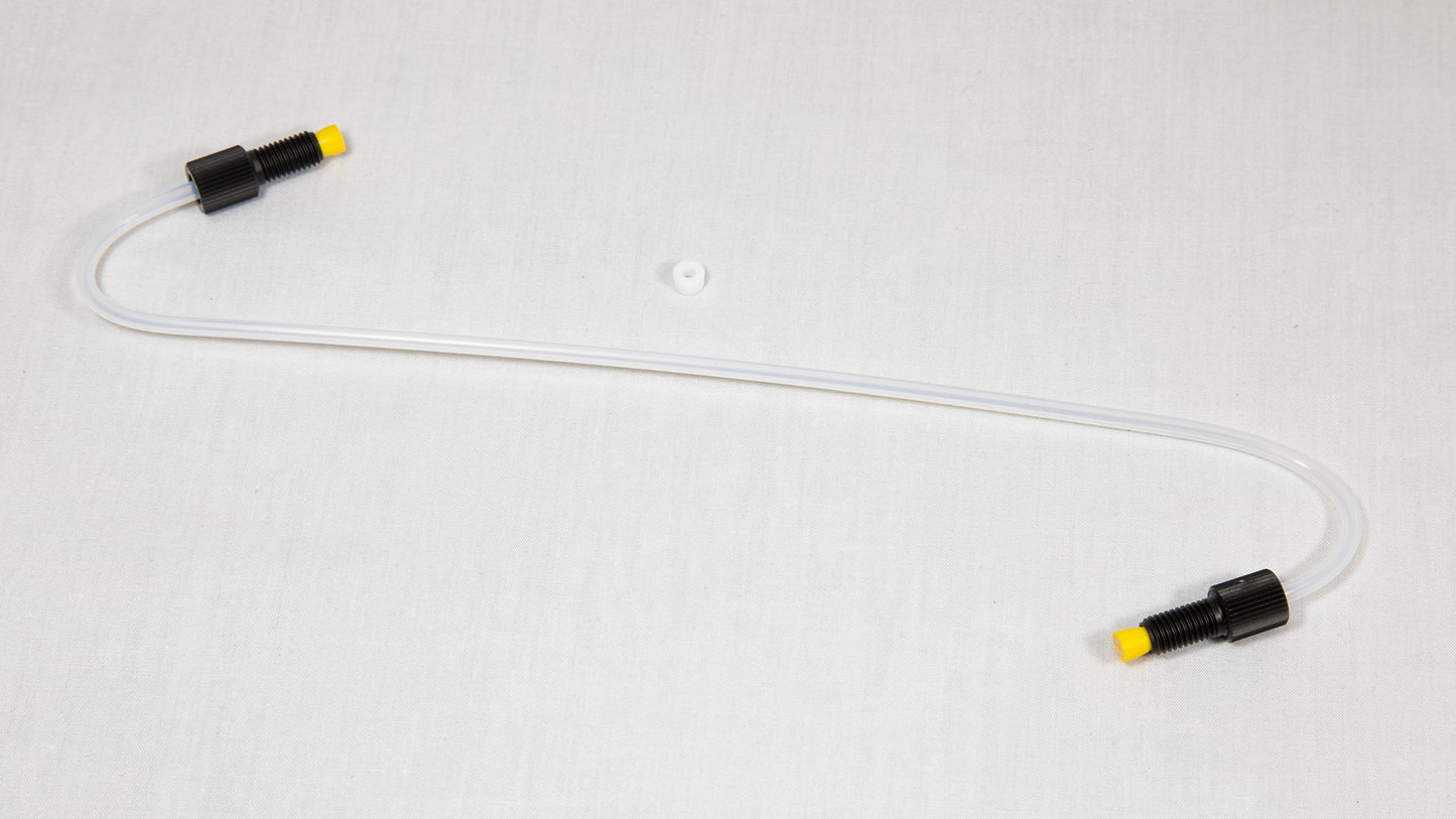 A white hose featuring yellow and black connectors, designed for versatile use in various applications.