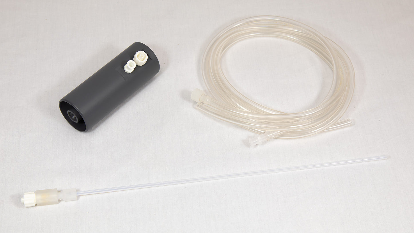 A small plastic apparatus with a hose and tube attachment, intended for fluid or air movement.
