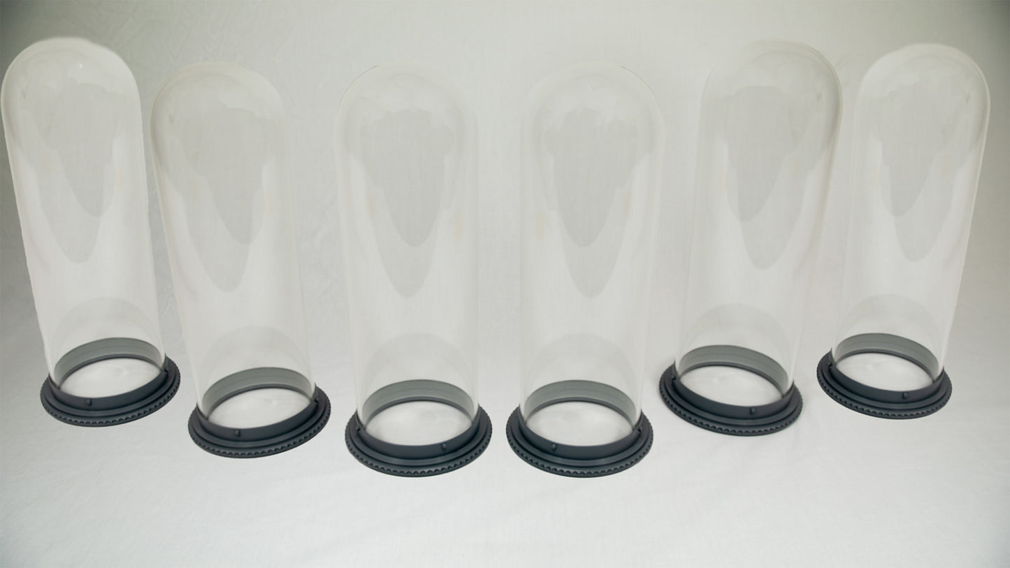 Six clear glass domes resting on black bases, arranged in a row, showcasing a minimalist design.
