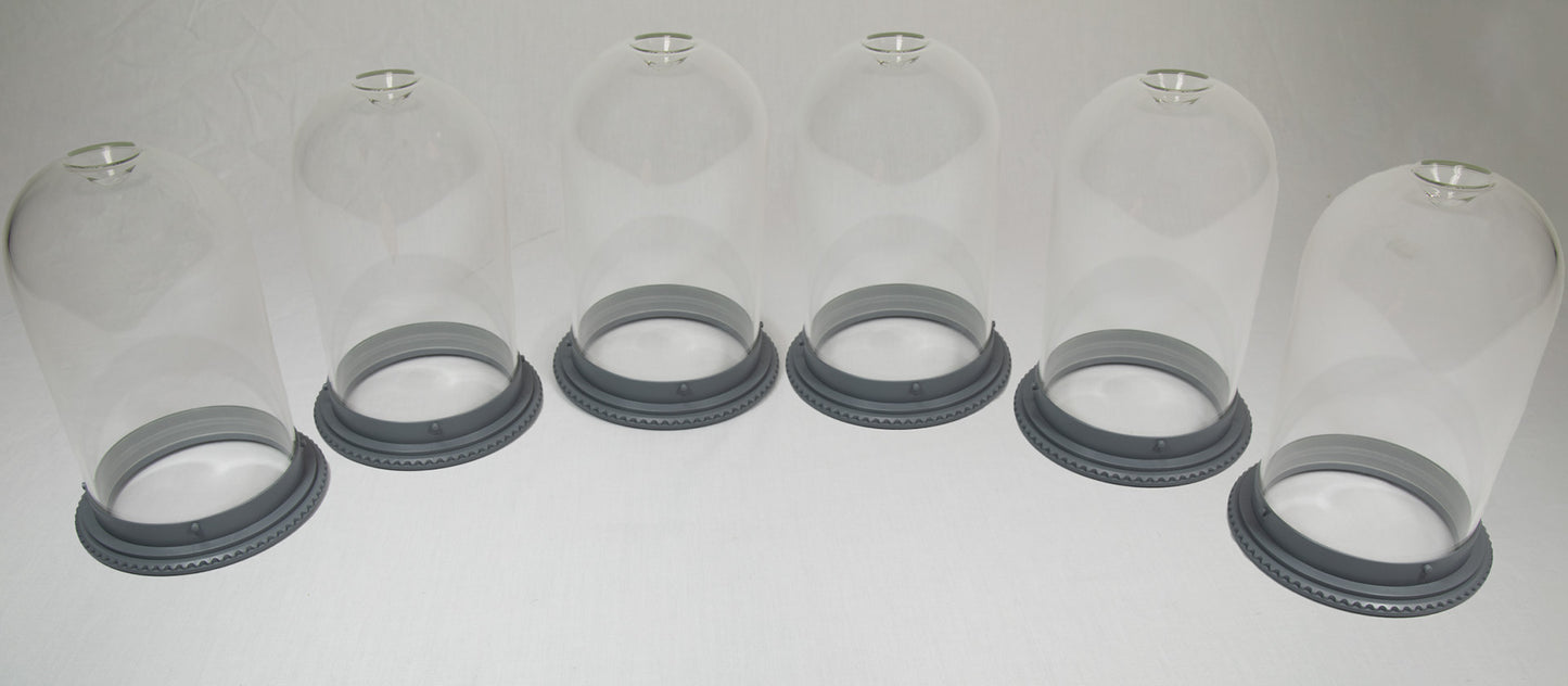 Six clear glass domes resting on black bases, arranged in a row, showcasing a minimalist design.