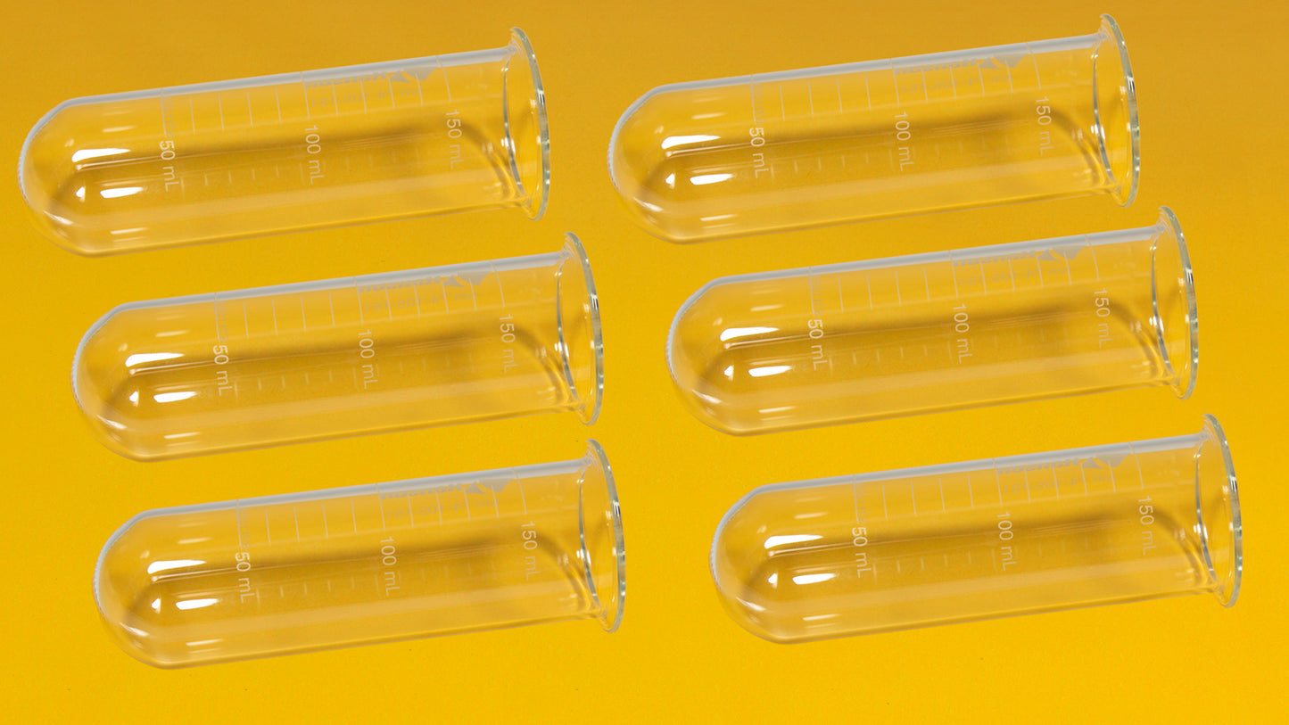 Six clear containers arranged neatly on a bright yellow background.