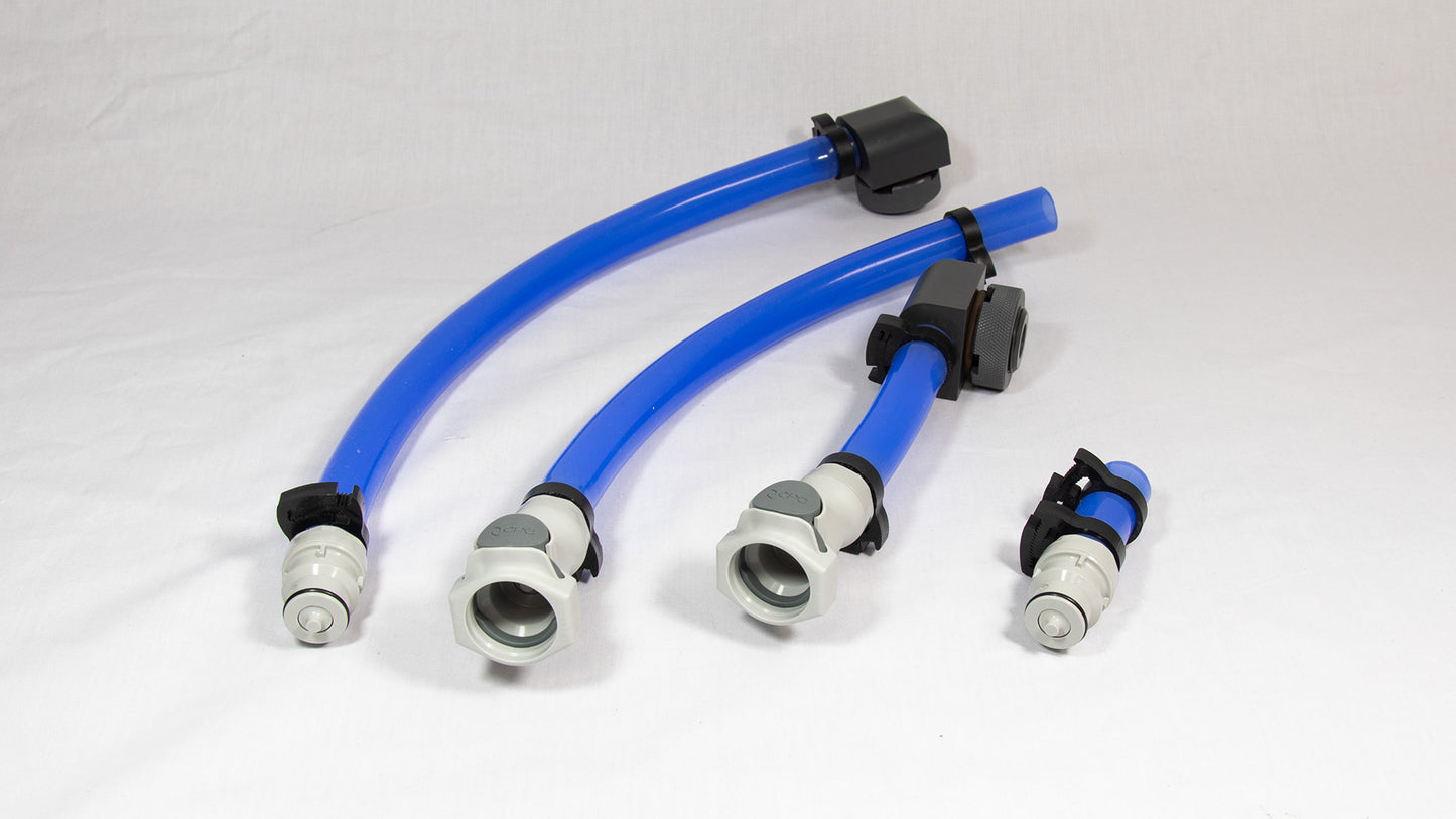 A collection of blue plastic hoses alongside various fittings arranged neatly.
