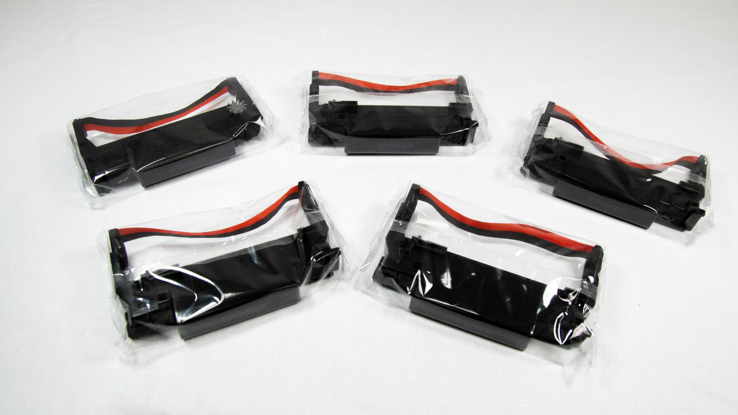 Five black and red plastic cases with matching red and black handles arranged side by side on a white background.