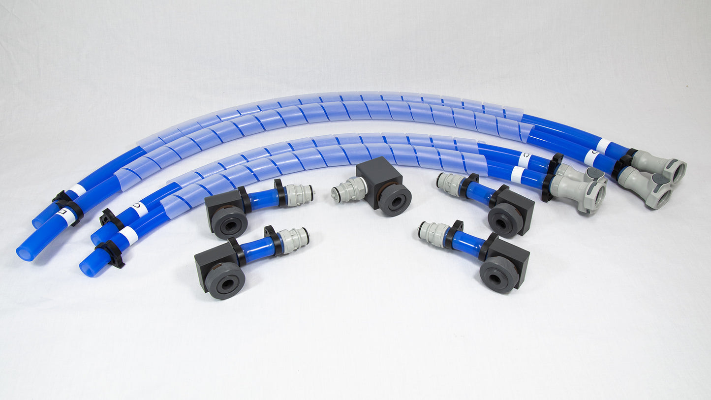A set of blue hoses featuring various fittings, arranged neatly for display.
