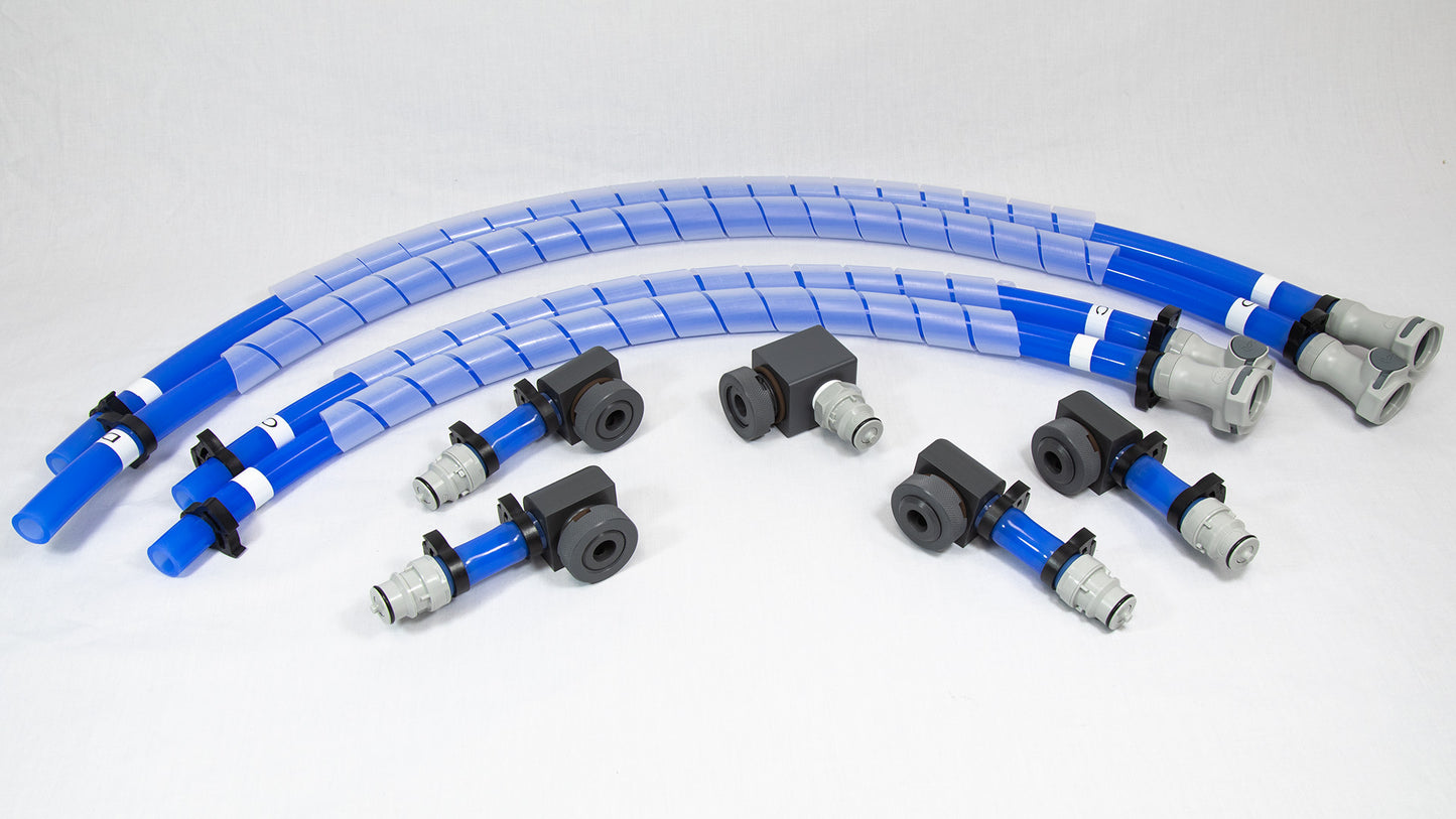 A set of blue hoses featuring various fittings, arranged neatly for display.