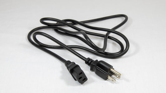 A black power cord with a plug displayed on a white background.