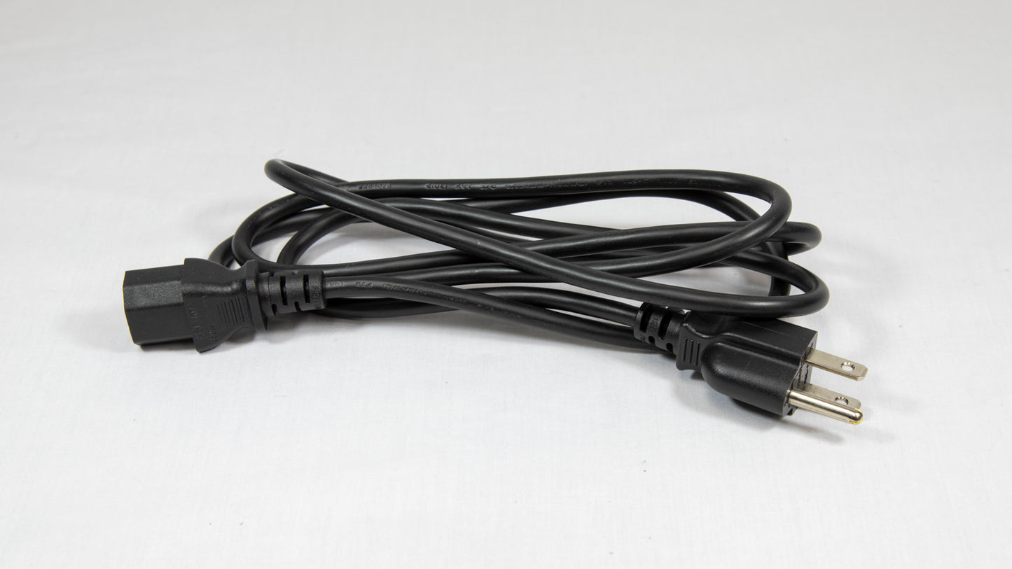A black power cord with a plug displayed on a white background.