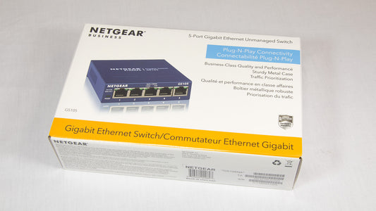 Netgear GS105 switch with multiple ports for high-speed network connectivity and efficient data transfer.