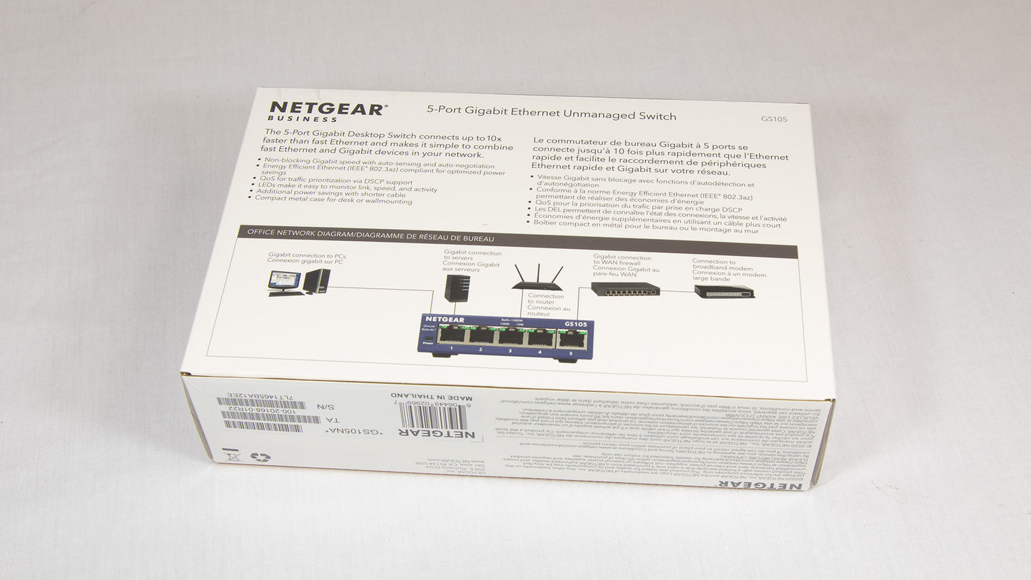 Netgear GS105 switch with multiple ports for high-speed network connectivity and efficient data transfer.