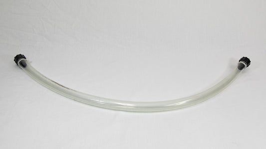 A piece of clear tubing with contrasting black fittings, isolated on a white background.