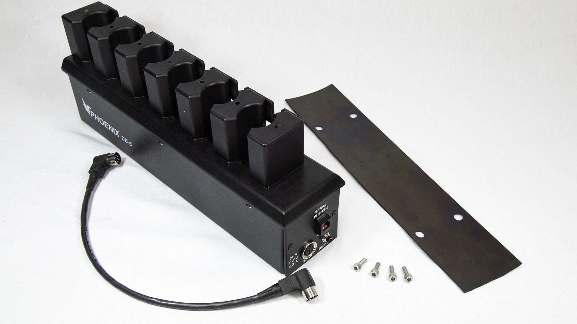 A black box with four wires extending from it, along with a power cord for connectivity.