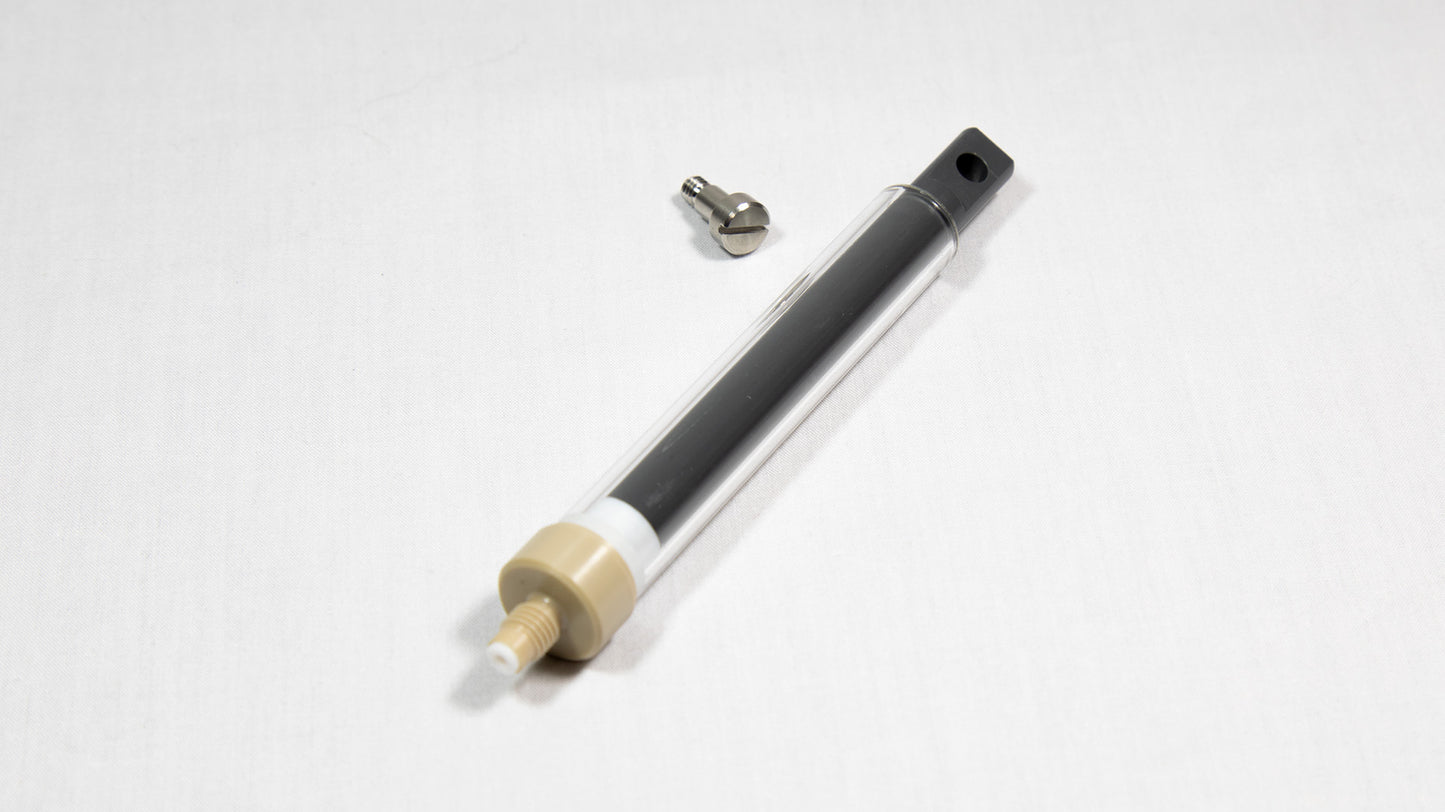 A clear plastic syringe featuring a screw, highlighting its intricate design.