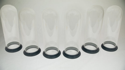 Six clear glass domes resting on black bases, arranged in a row, showcasing a minimalist design.