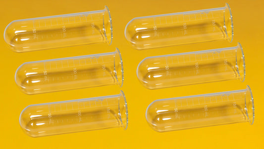 Six clear containers arranged neatly on a bright yellow background.