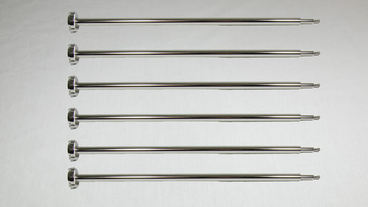 Six uniquely shaped metal rods positioned together for comparison.