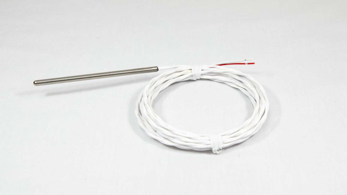 A close-up of a white cable with a stainless steel probe attached.