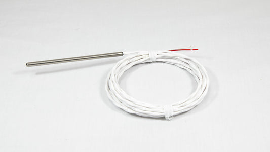 A close-up of a white cable with a stainless steel probe attached.