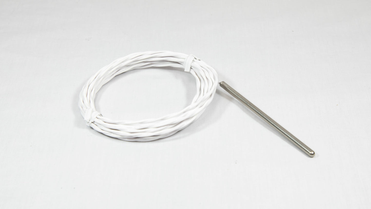 A close-up of a white cable with a stainless steel probe attached.