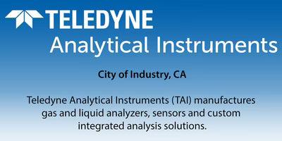A blue gradient banner with the Teledyne Analytical Instruments logo and company text, including 'City of Industry, CA' and a description of gas and liquid analyzers, sensors, and custom integrated analysis solutions.