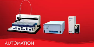 An automation laboratory equipment set featuring a multi-plate reader with a robotic arm, a central control unit, and a vertical interface panel, set against a solid red background with the word 'AUTOMATION' at the bottom.