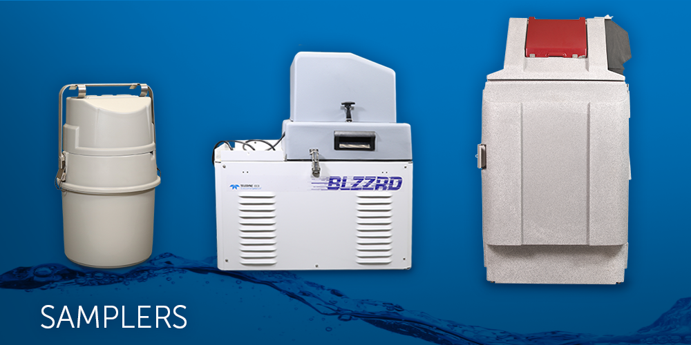 Three sampling equipment units on a blue background with 'Samplers' text.