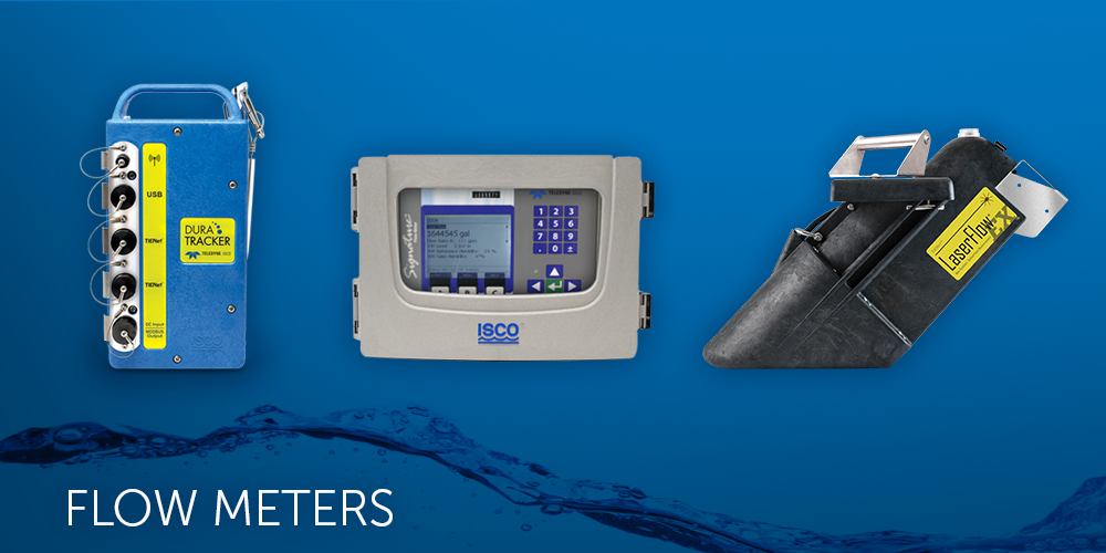 Flow meters on a blue background with 'ISCO' branding.