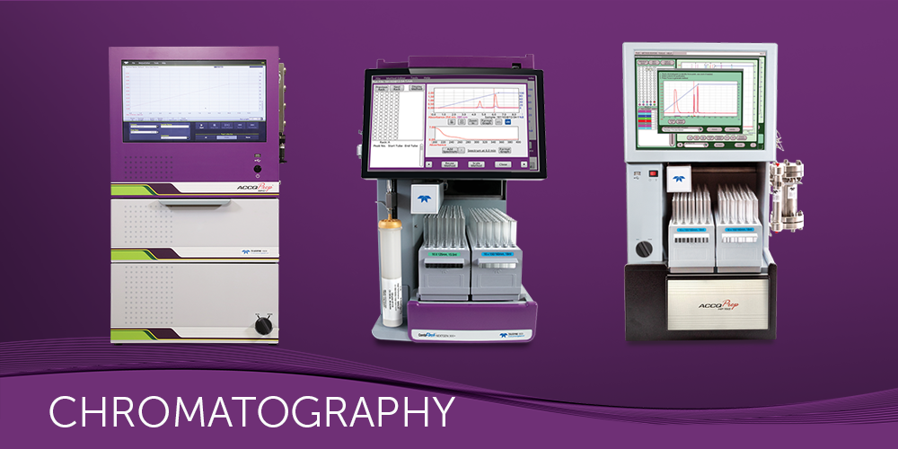 Three chromatography instruments on a purple background with 'Chromatography' text.