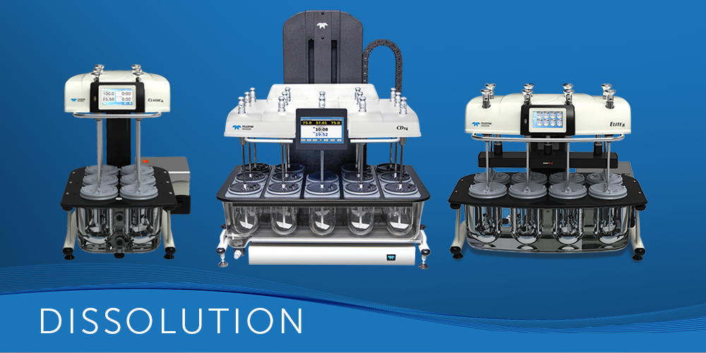 Three dissolution testing machines on a blue background with 'Dissolution' text.
