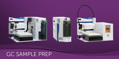 Three views of a white and blue GC Sample Prep machine on a purple gradient background with the text 'GC SAMPLE PREP' at the bottom.