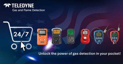 Promotional graphic for Teledyne gas and flame detectors, showing a row of handheld electronic detectors in orange, gray, green, red, blue, and black against a dark patriotic background, with a shopping cart icon labeled 24/7 and text reading 'Unlock the power of gas detection in your pocket!'.
