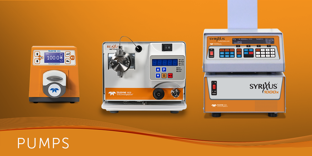 Three pumps with digital displays on an orange background, featuring the brand 'Syrius'.