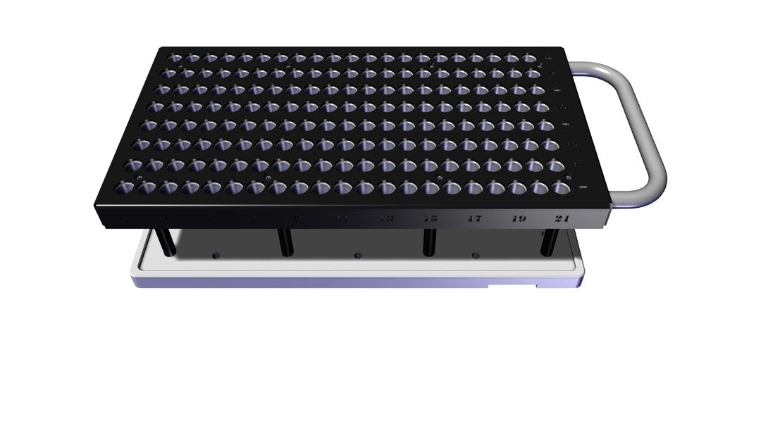 Rack with handle and holes for vials.