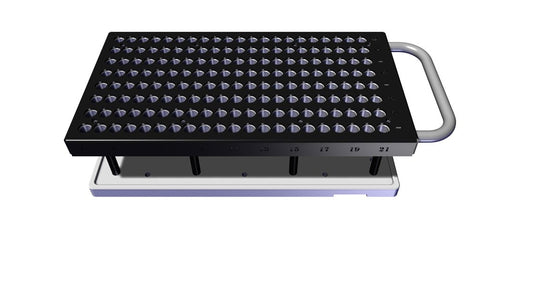 Rack with handle and holes for vials.