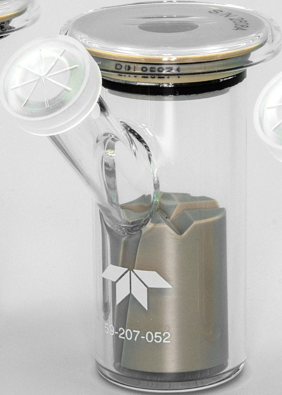 Cylindrical glass container with connector and cap/.