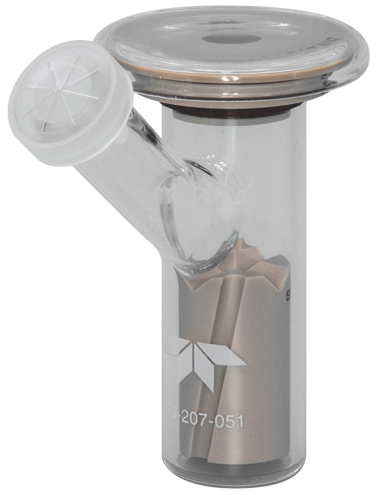 Cylindrical glass container with connector and cap.