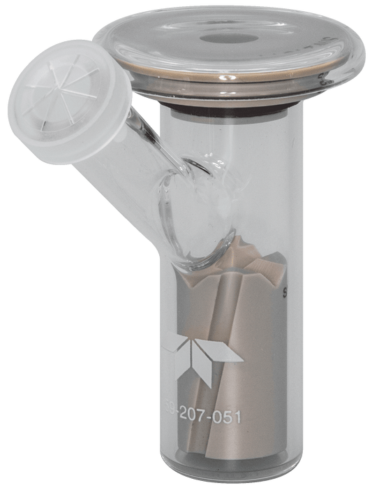 Cylindrical glass container with connector and cap.